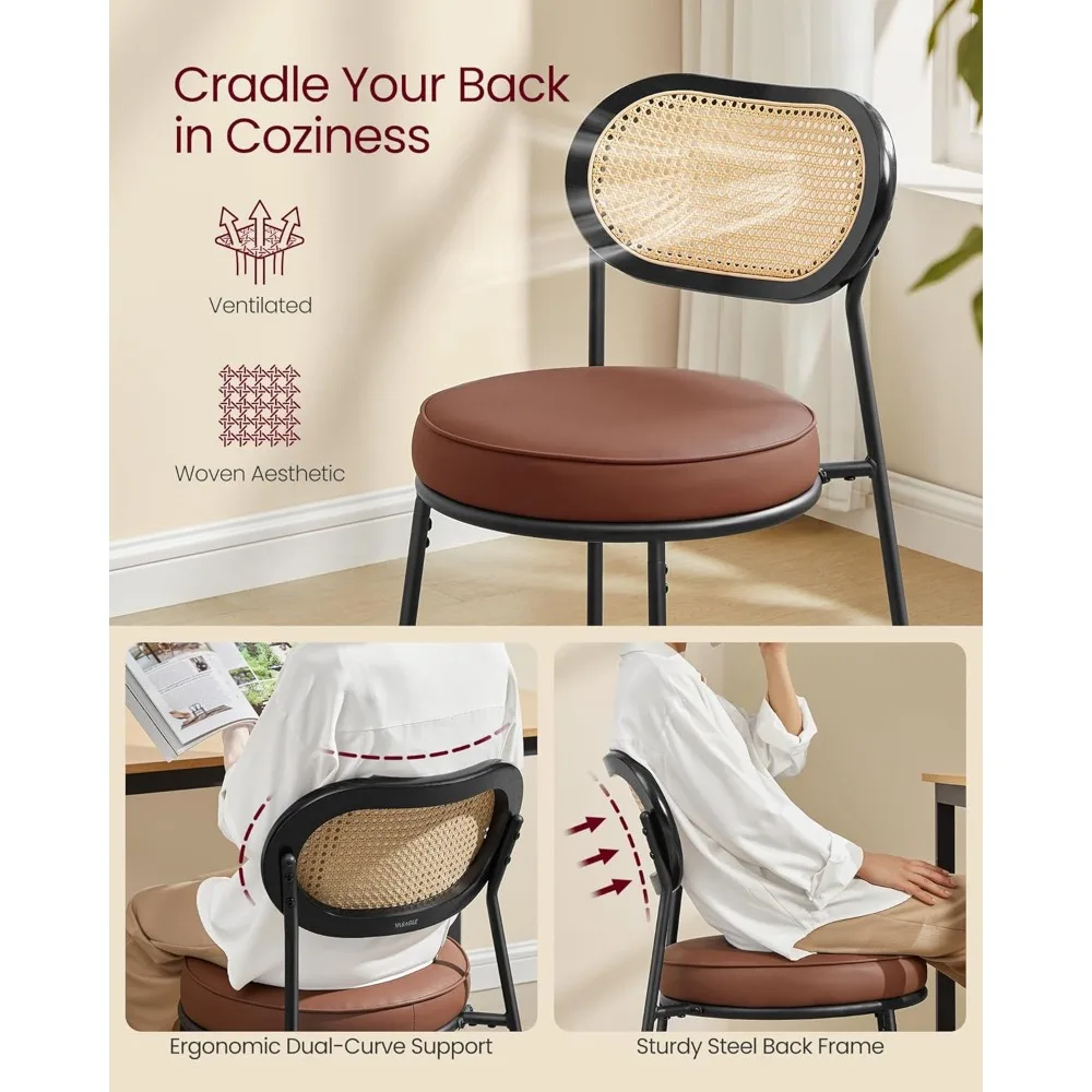 

Set of 2 Boho Dining Chairs – PE Rattan Back Synthetic Leather Seat | Accent Kitchen & Dining Room Use