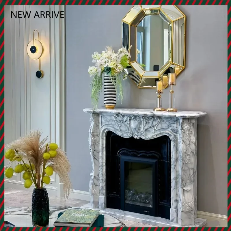 

KK32 Marble natural white flower European carved fireplace living room decoration ornament customization