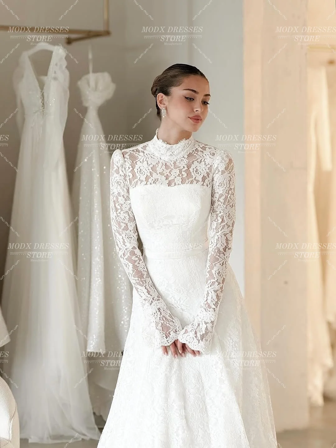 MODX Luxury High-Neck Lace Wedding Dress Modest Bridal Gown Long Sleeves Customized Floor Length Vestidos Novias Boda Women