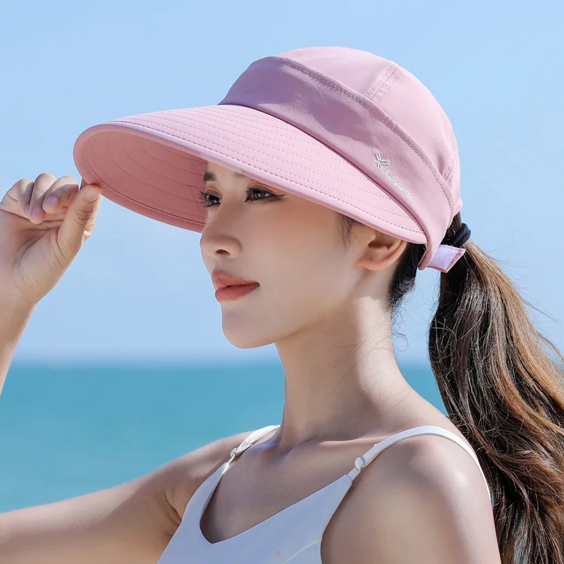 Detachable Women Summer Sun Hat Casual Foldable UV Protection Beach Cap Adjustable Wide Brim Empty Top Ponytail Cap Visors