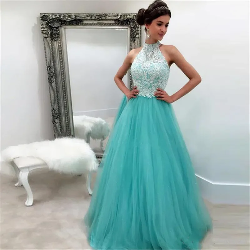 

Customized Turquoise Sleeveless Long Prom Dresses High Neck Appliqued Tulle A-Line Formal Women Evening Gowns Vestidos De Festa
