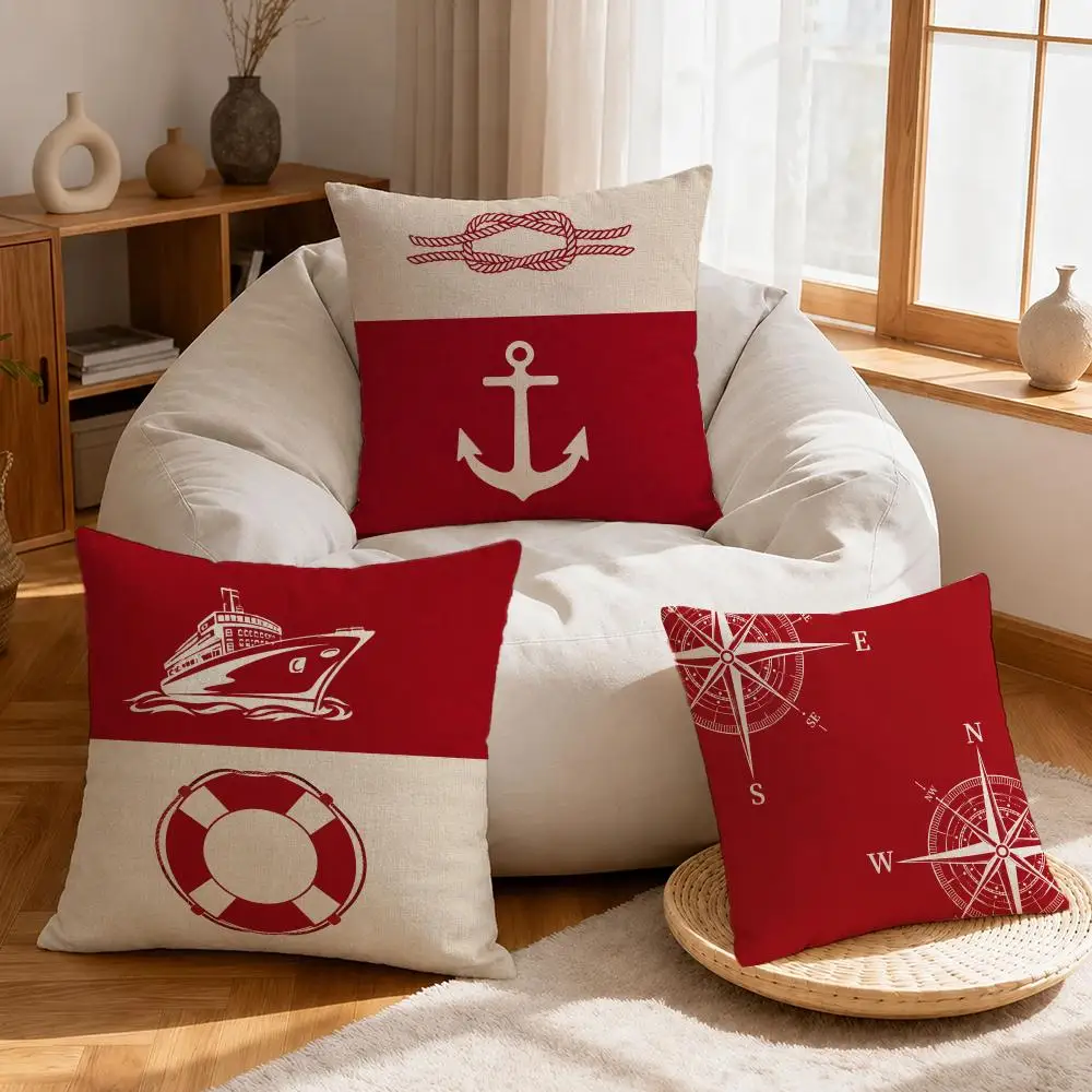 Pattern Vintage Nautical Cushion Cover Linen Anti‑mite Antibacterial Cushion Cover Invisible Zipper for Couch Living Room