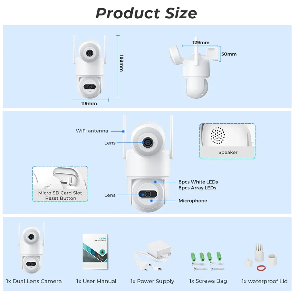 Security Protection Dual Lens Outdoor Wireless Security Camera  Smart Home Wifi Security Cam Lamp Monitoring 2-in-1 Cctv ICSEE