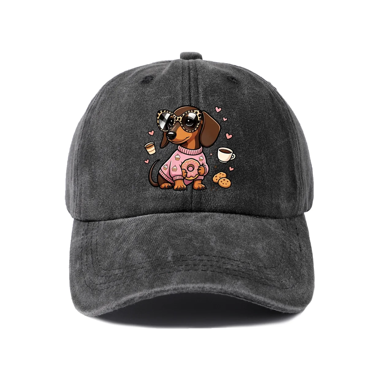 Cool Dog Coffee Break Graphic Baseball Cap, Vintage Washed Adjustable Unisex Dad Hat, Casual Gift