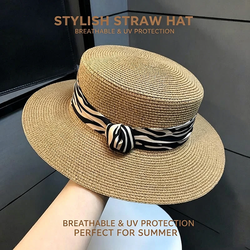 Women's Flat Top Hat Summer French Retro Zebra Pattern New Straw Sun Hat Outdoor Vacation Sun Hat