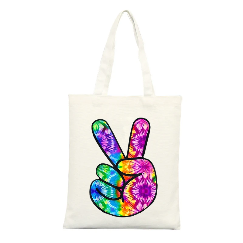 Tie-dye Peace Sign Canvas Tote Bag, Ideal for Casual Outings and Summer Shopping