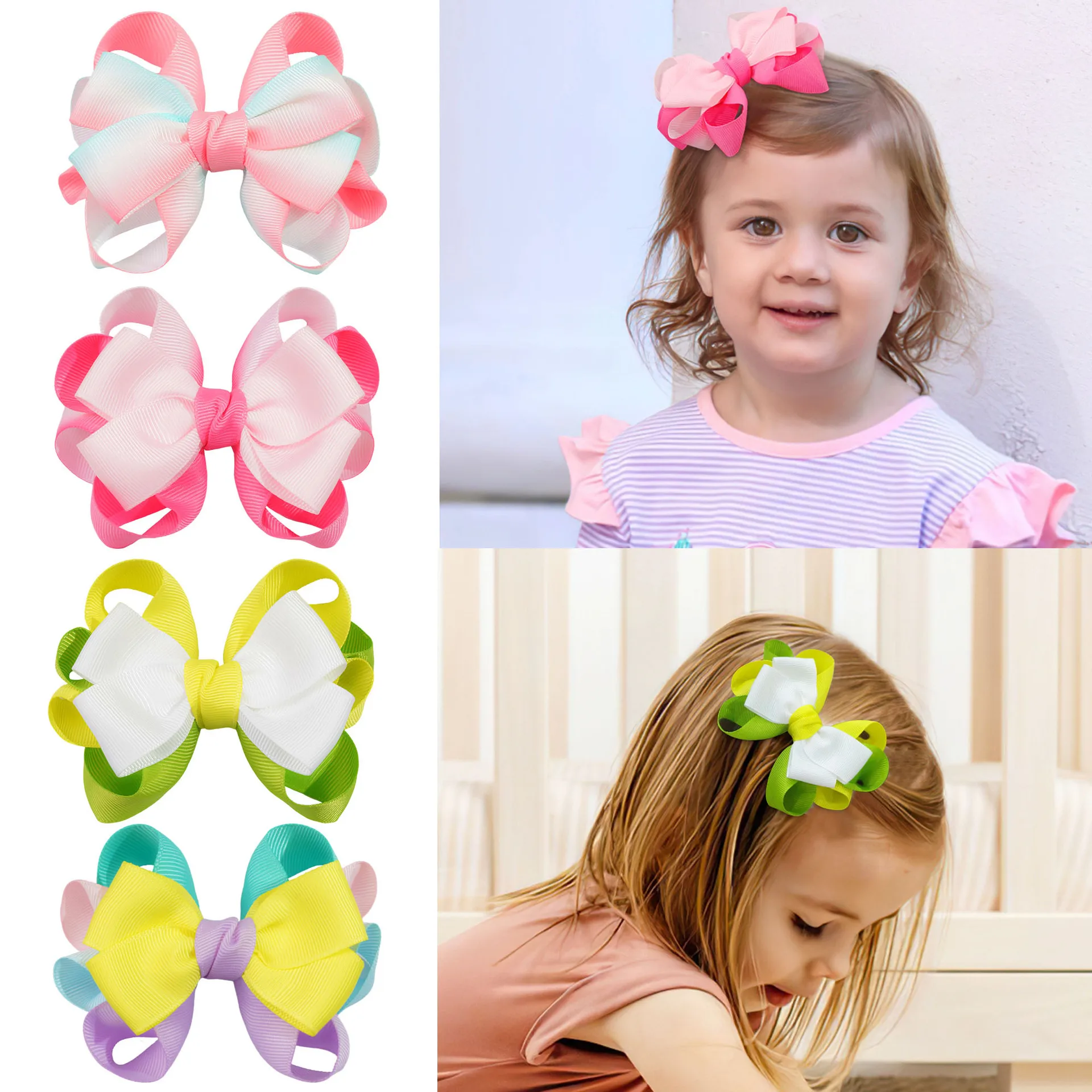 

24 шт./лот, градиентные ленты цвета радуги, заколки для волос с бантом для детей, аксессуары для волос для девочек