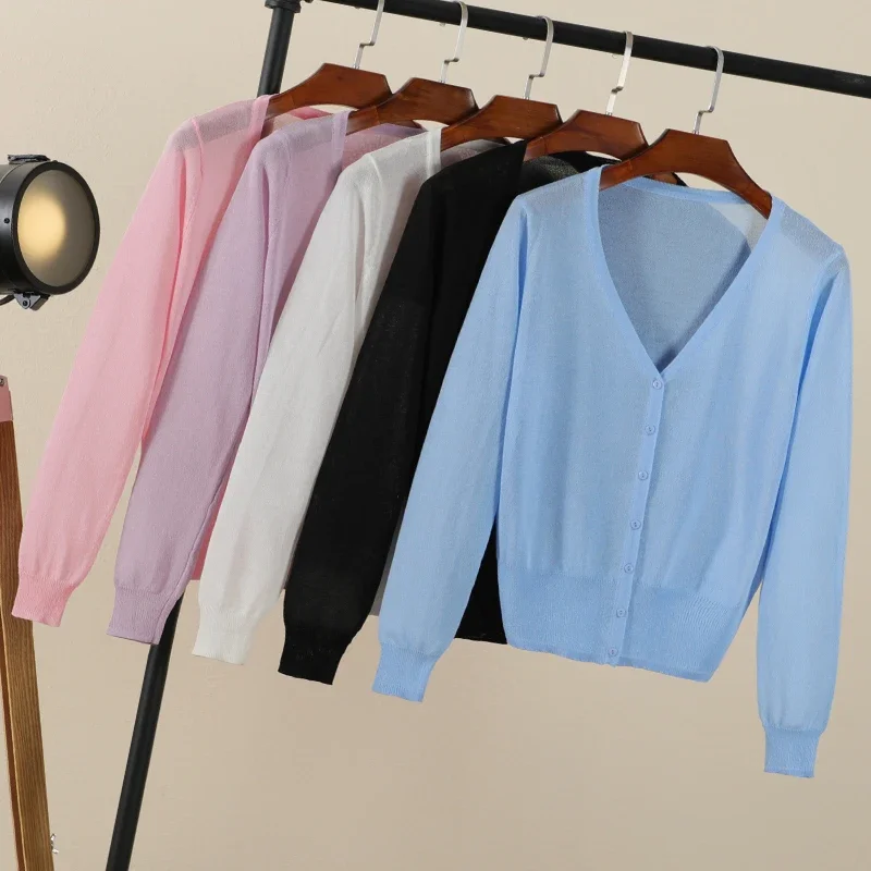 Cardigan de verão feminino recortado estilo coreano moda feminino preto casaco roupas com decote em v senhoras camisola outerwear bonito básico