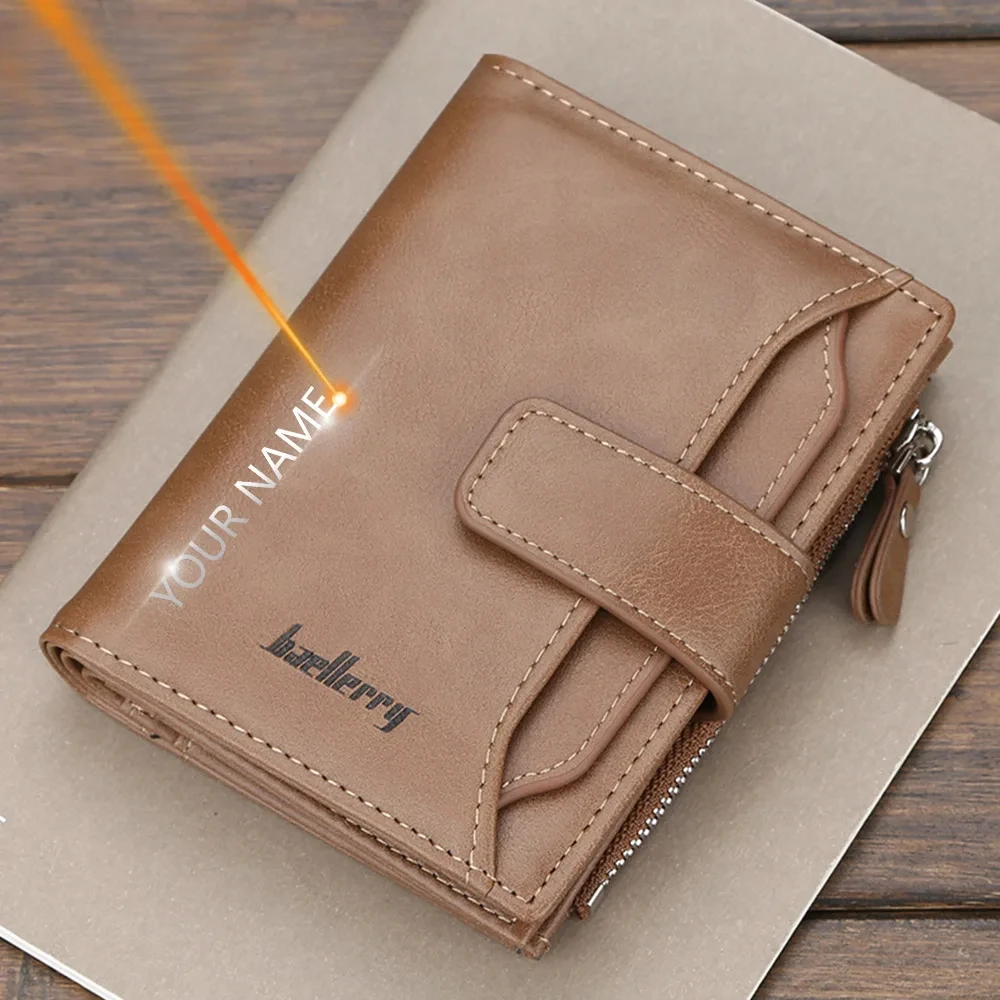 Engrave Name Logo Men Wallets Fashion Short Zipper Card Holder Men Leather Purse Solid Coin Pocket Personalized Gift for Him