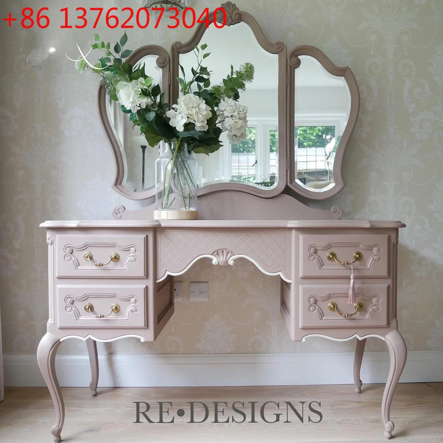 

French retro pink solid wood carving flower dressing table American makeup table