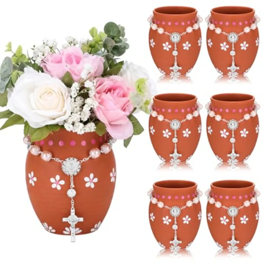 Baptism table centerpieces: 6 sets of 20 oz Mexican clay cantaritos in pink with Catholic rosary ceramic for First Communion an