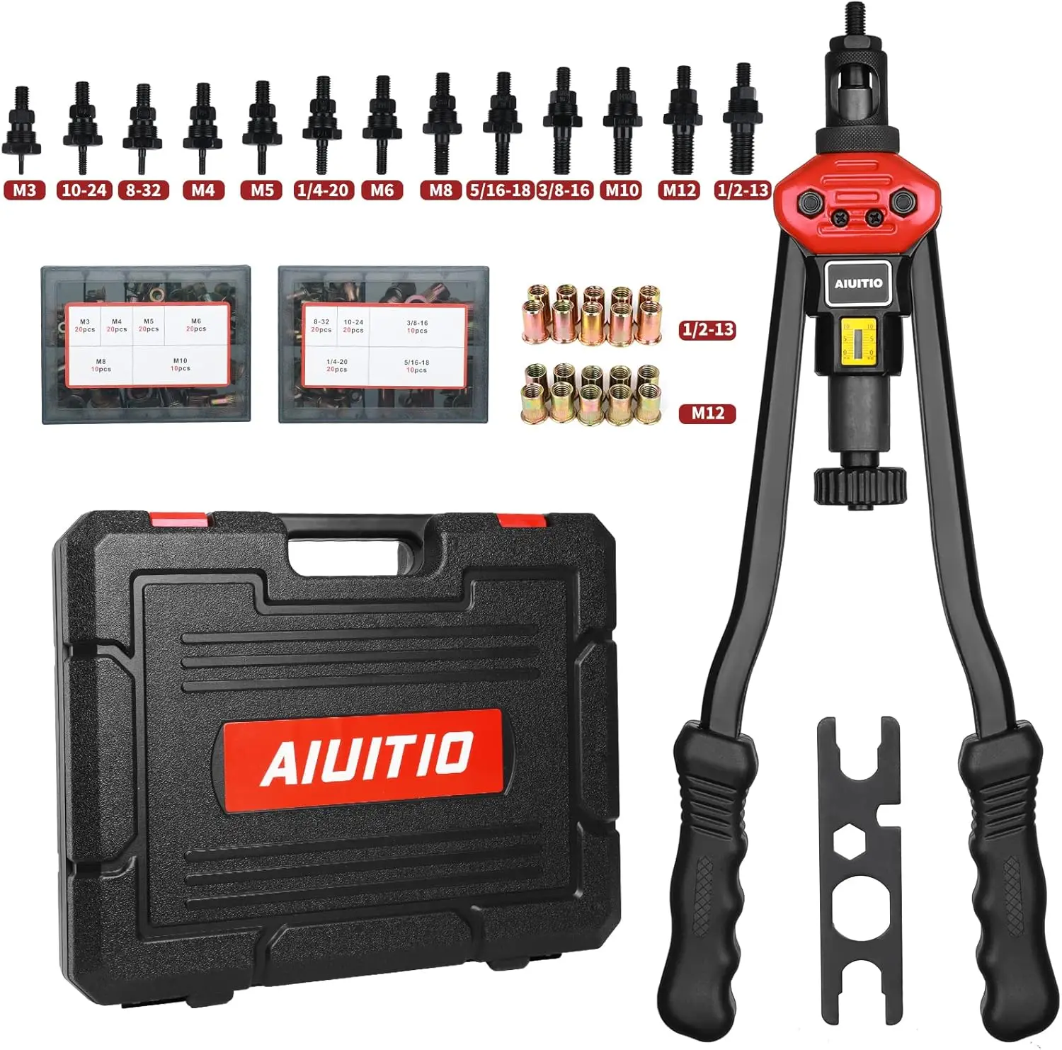 16" Rivet Nut Tool Kit with 13 Mandrels and 200Pcs Rivnuts, Hand Riveter Set in Carrying Case