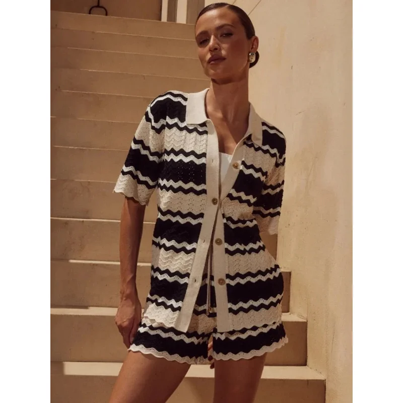 

Knited Striped Shorts Two Pieces Set Women's Lapel Short Sleeve Single Breasted Tops Wide Leg Shorts Casual Beach Vacation Suit