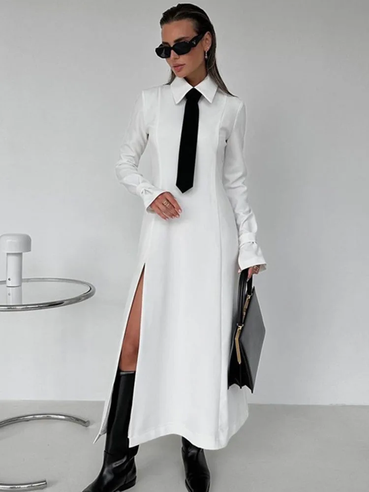 DEAT Fashion Women\'s Shirt Dress Lapel Long Sleeve Solid Color Ankle Length Vent High Waist Tie Dresses Spring 2024 New 7AB3285