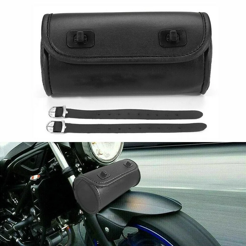 Motorcycle Bike Front Fork Tool Bag Saddlebag Storage Pouch Handlebar Black PU Leather Motorbike Saddle Bags with Mounting Belts
