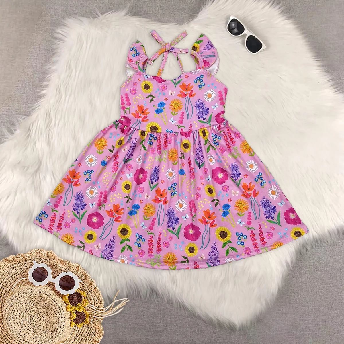 

Baby Girls Pink Floral Backless Bow Knee Length Dresses