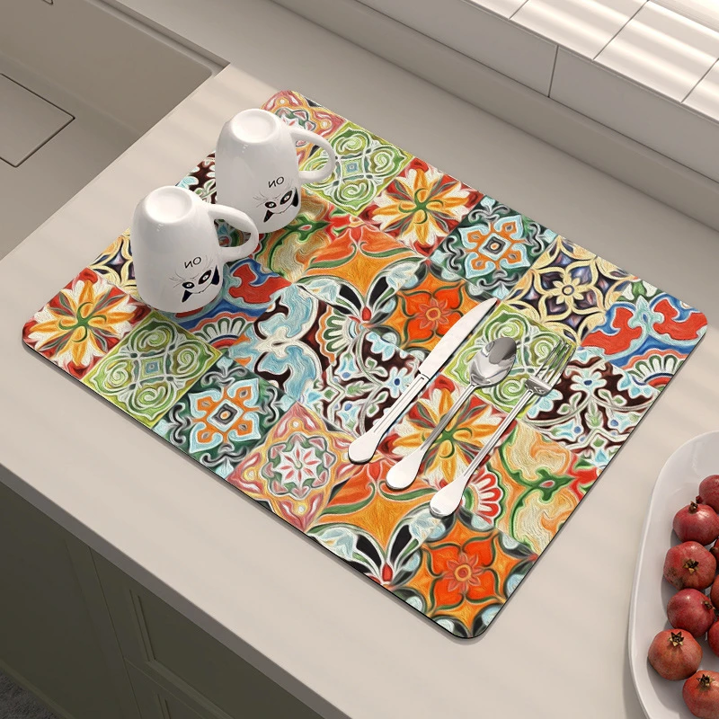 VIKAMA Kitchen Drain Mat Blue Yellow White Vintage Pattern Kitchen Counter Mat Highly Absorbent Fast Drying Anti Skid Flexible