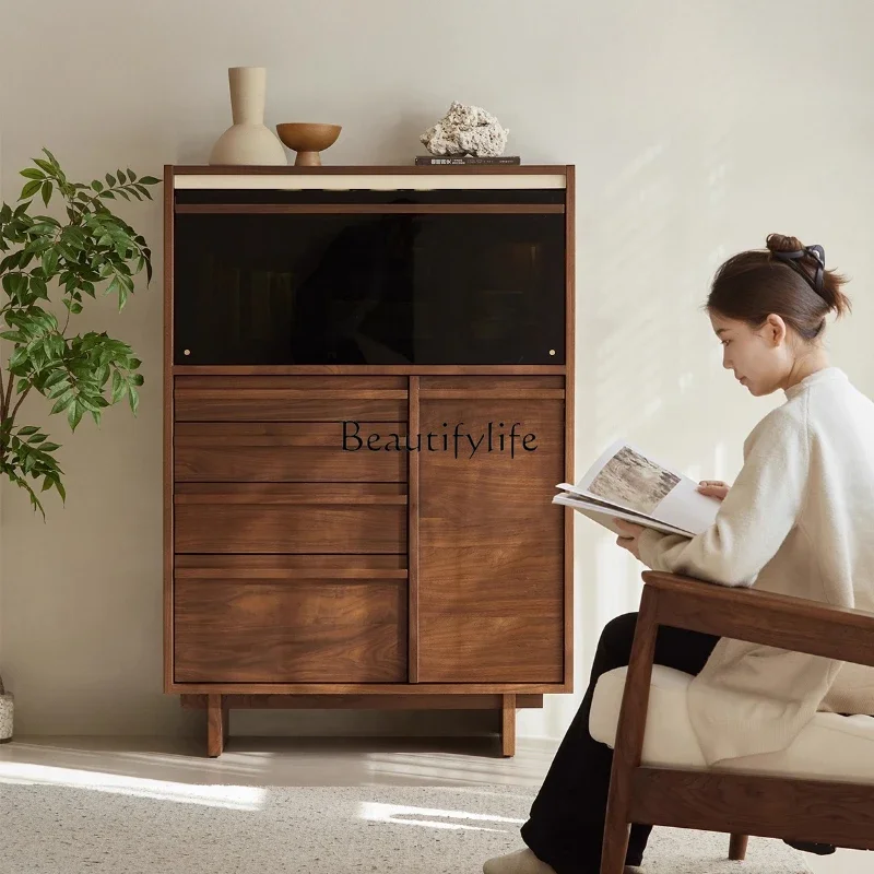 

01Black walnut display cabinet living room wall storage small apartment retro flap door dining side cabinet