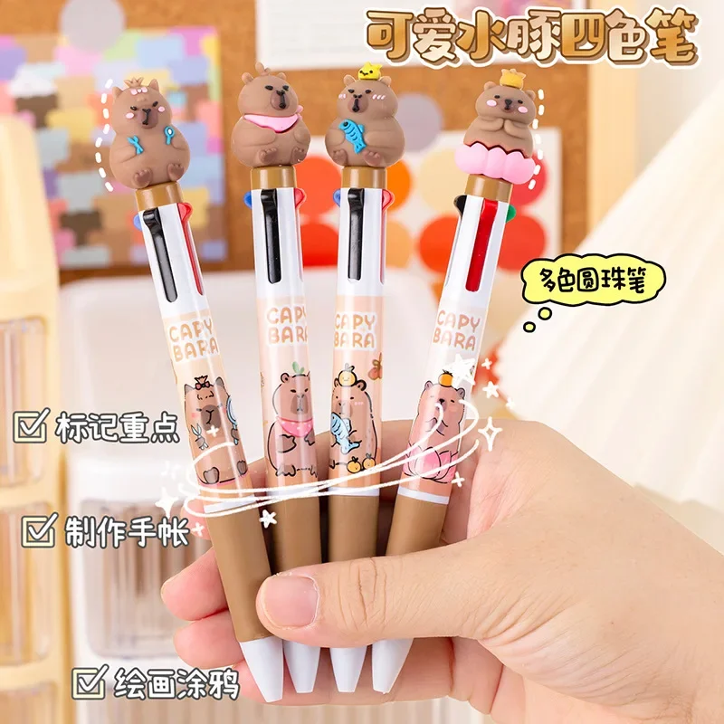 12Pcs Wholesale Creative Cartoon Capybara Four-color Push Ballpoint Pen Novelty Kapibara Color Cute Student Stationery