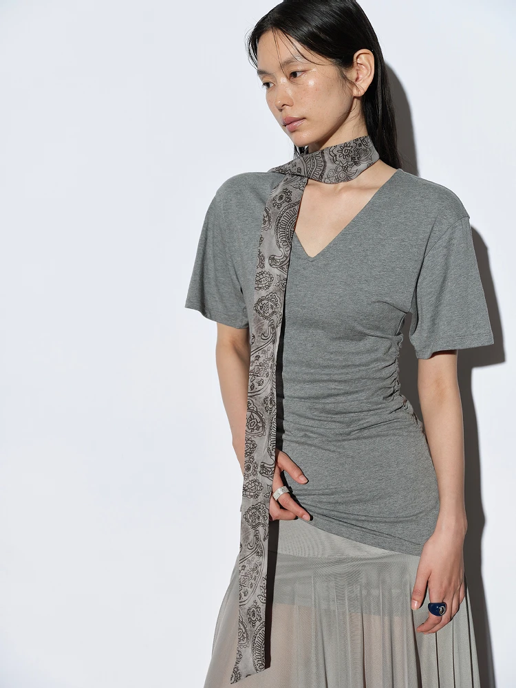 

Molin Женская футболка приталенного кроя Cloud Velvet V-Ne ort Sve Commute Sle Pure Color Корейская версия Summer irt