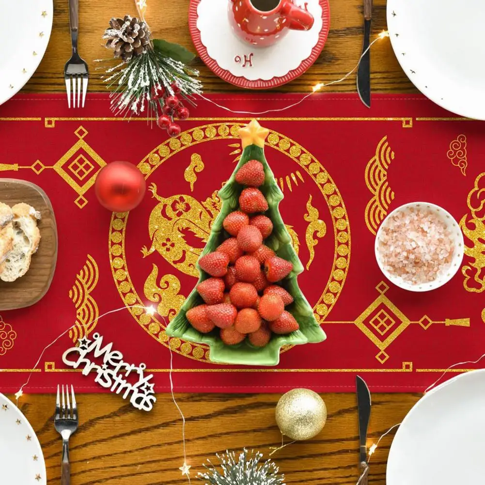 Chinese New Year Table Cloth Chinese Dragon Table Flag Dragon Print New Year Table Runner with Sequin Decoration for Holiday