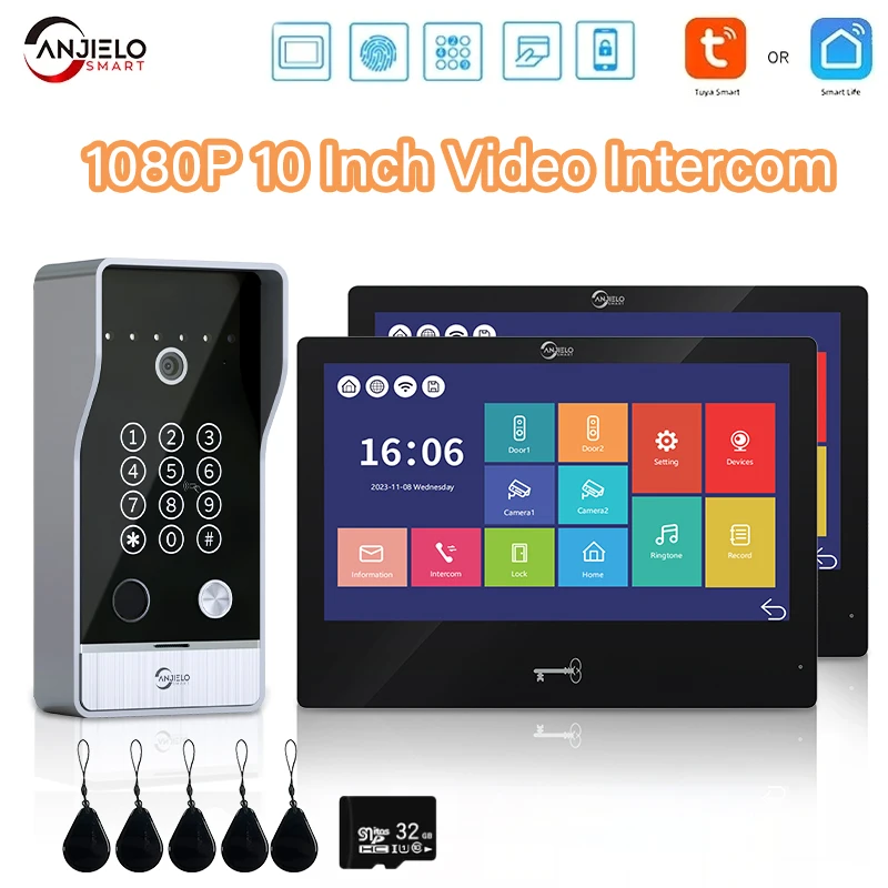 

Видеодомофон Tuya, 10-дюймовый сенсорный экран 1080P, сканер отпечатков пальцев без помощи рук, монитор с перемещением карт, разблокировка в один клик