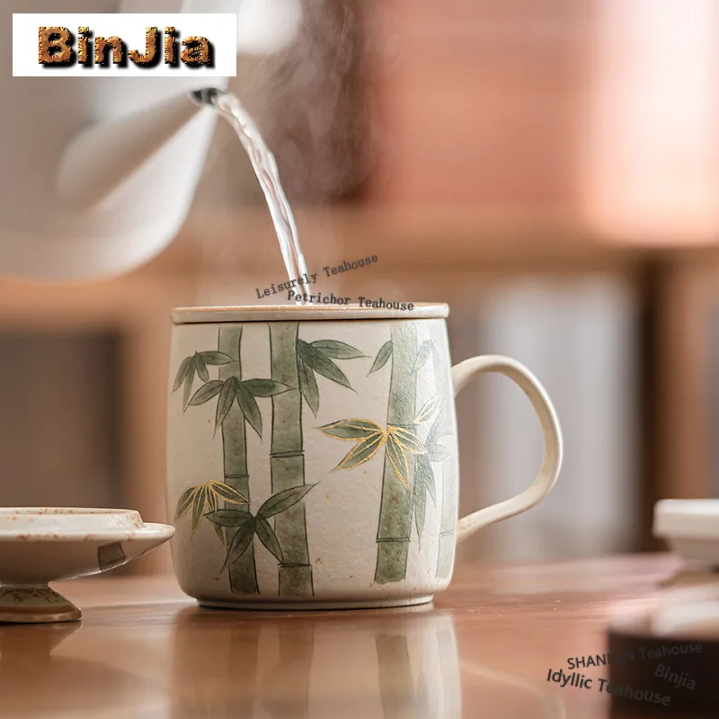 310ml Hand-painted Bamboo Filter Tea Separator Cup Retro Tea Mug with Infuser Household Tea Soaking Office Water Cup Decoration