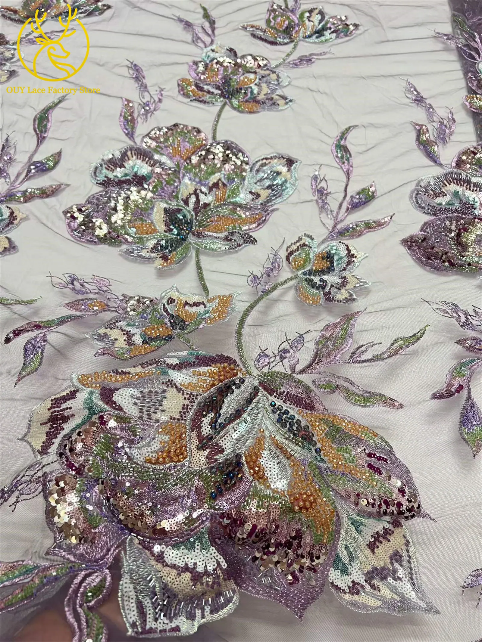 Luxuriöser afrikanischer Brautkleidstoff mit Stickerei, großen Blumen und Perlen, 5 Yards, hochwertiger französischer Pailletten-Spitzenstoff zum Nähen von Kleidern – Detail 17
