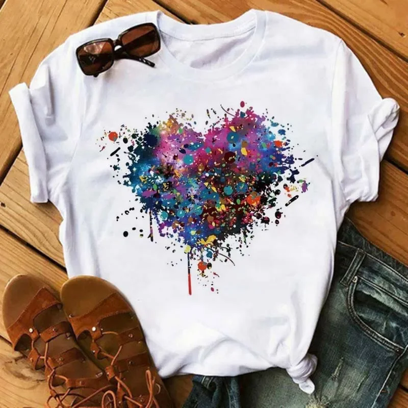 Maycaur Colorful Heart Flower Print Women Tshirt Summer Casual Funny Graphic T Shirt 90s Lady Yong Girl Valentine's Day Gifts