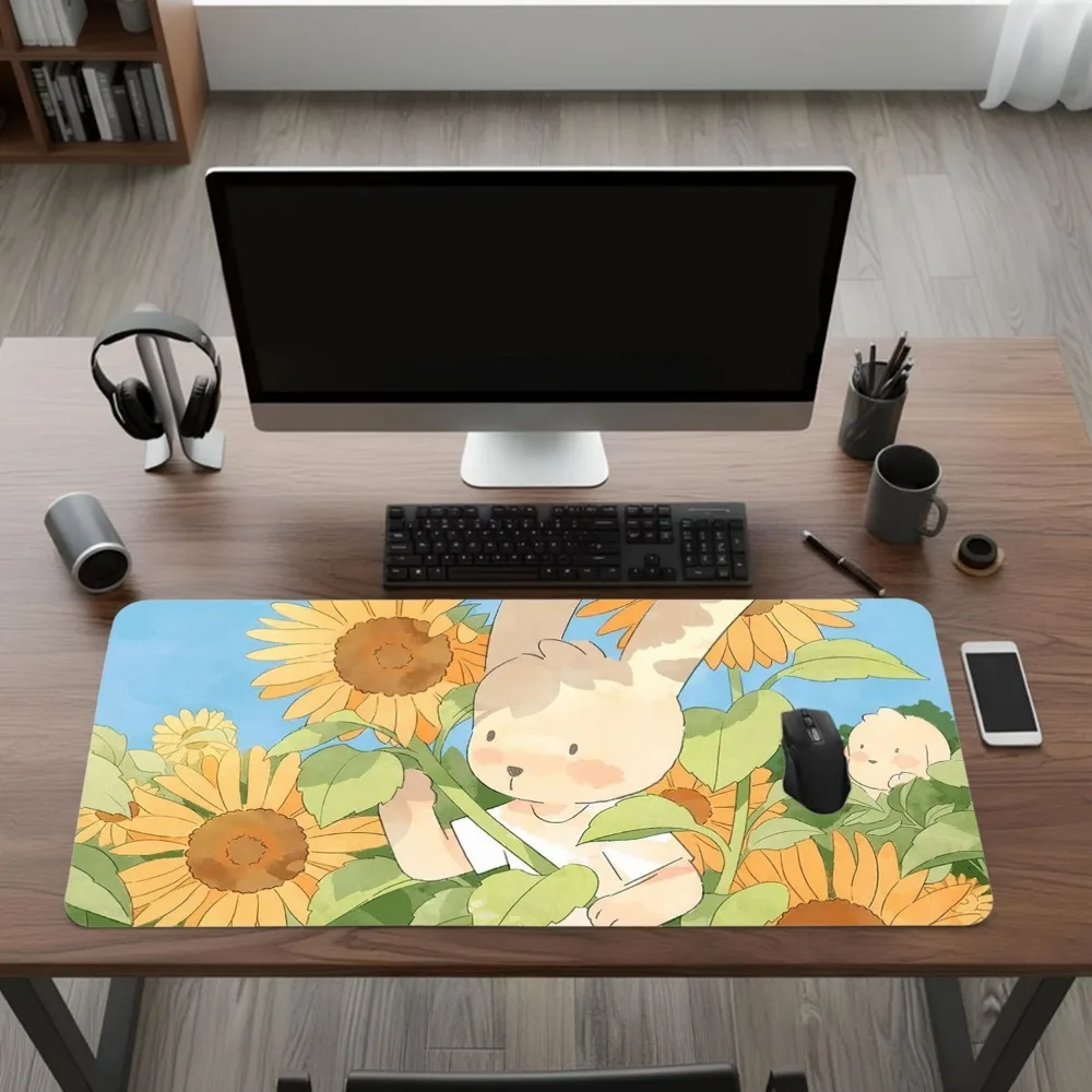 

Коврик для стола Kawaii Rabbit Sunflower, увеличенный игровой коврик для мыши XL, с нескользящим основанием, милый декор для стола для учебы и работы