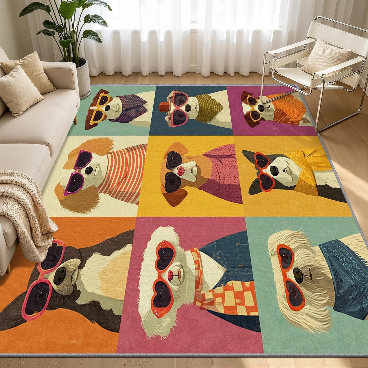 Dog-Themed Area Rug, Carpet, Suitable for Indoor Entrances, R Pop Art Fun Puppy Washable Rug, Suitable for Living Room and Bedroom, Non-Slip Soft Low-Pile Stain-Resistant Carpet, Dog Lover's Room.