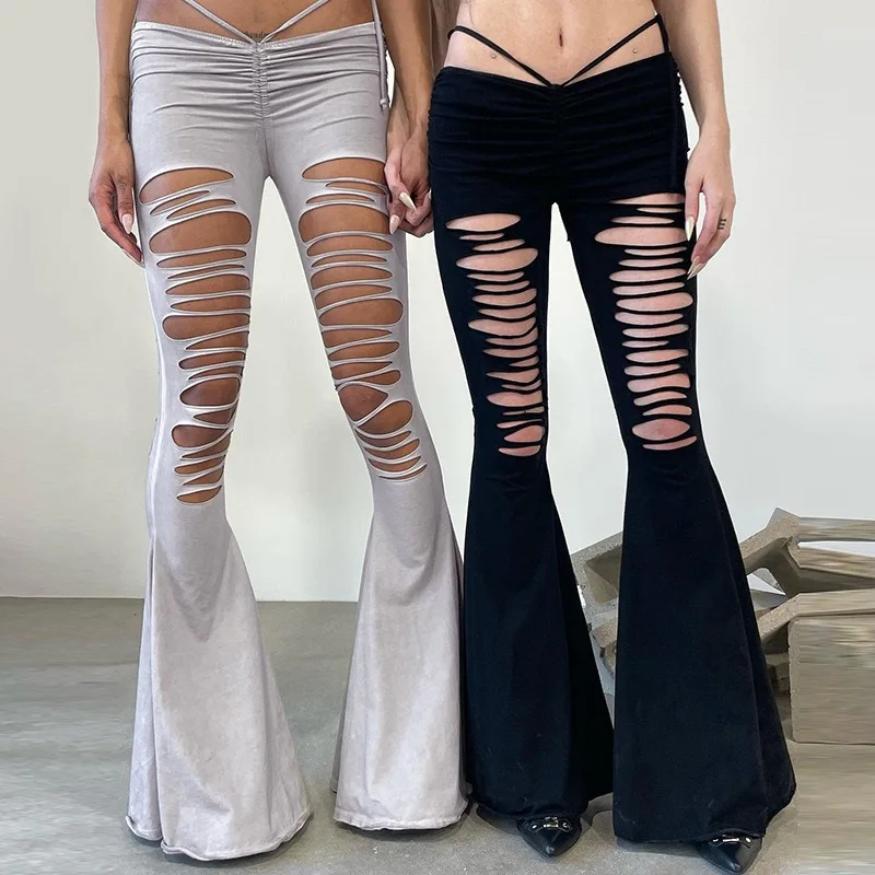 Women Full Length Hollow Out Hole Pants Straight Sexy Slim Low Waist Wide Leg Long Trousers Casual Solid Drawstring Flare Pants