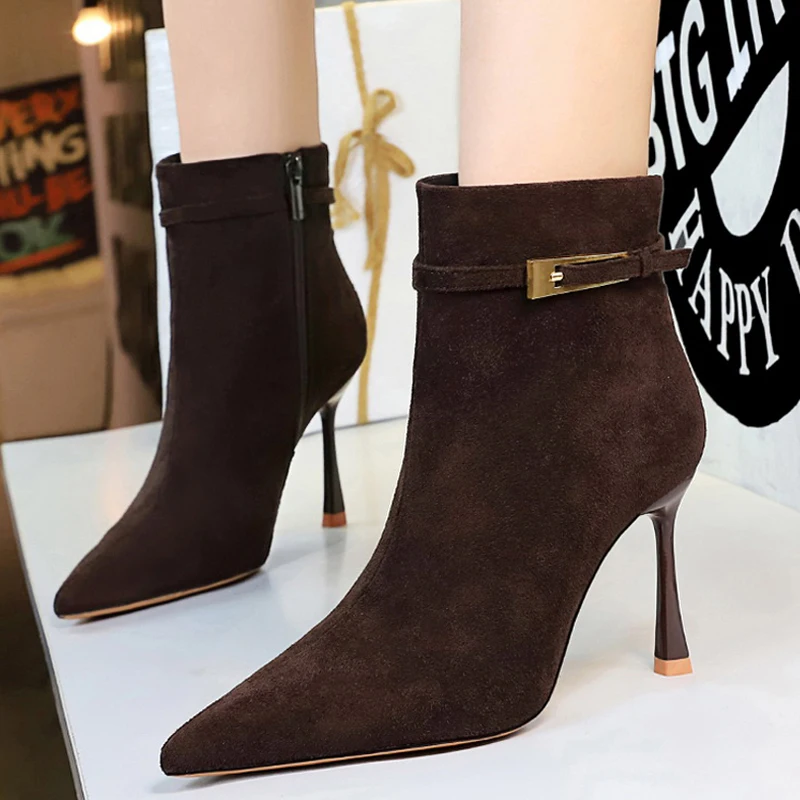

Fashion sexy high-heeled Boots Women Shoes Belt buckle side zipper Ladies Ankle boots Pointed Suede Women Boots Stilettos 9 cm