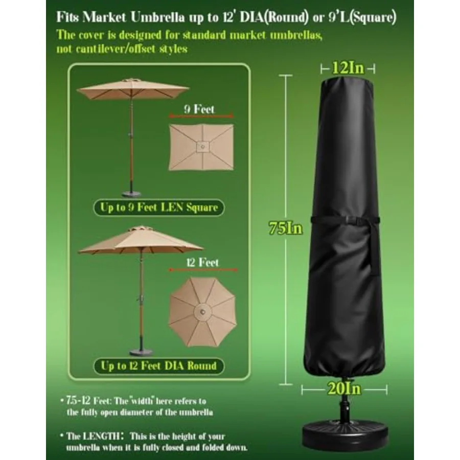 Patio Umbrella Cover for Outdoor Umbrellas 9 to12ft Waterproof 420D Oxford Fabric Pool Garden Backyard Market Umbrellas Cover I