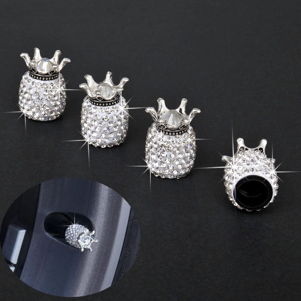 2/4 قطعة بلينغ الماس تاج سيارة الإطارات صمام قبعات الإطارات حافة الجذعية يغطي الغبار برهان ديكور دراجة نارية دراجة قبعات عالمية #1