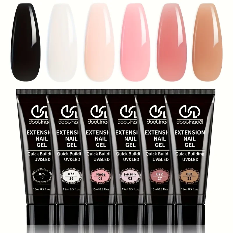 

6 Colors Poly Nail Extension Gel Kit Pink Black White Nude All Seasons Classic Colors Builder Nail Gel Set Holiday Manicure