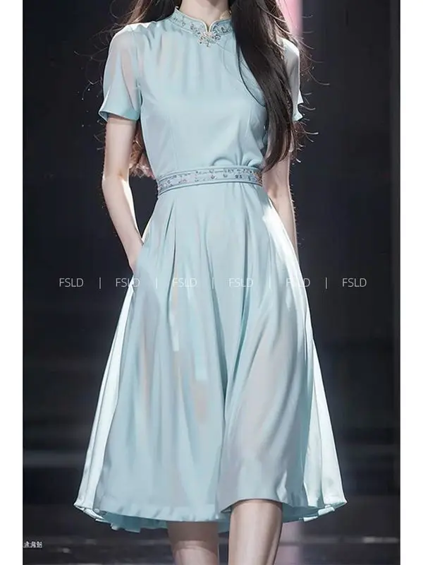 Nowa wysokiej klasy chińska letnia sukienka damska moda z krótkim rękawem wąska talia linia eleganckie sukienki Midi Temperament Vestidos szata