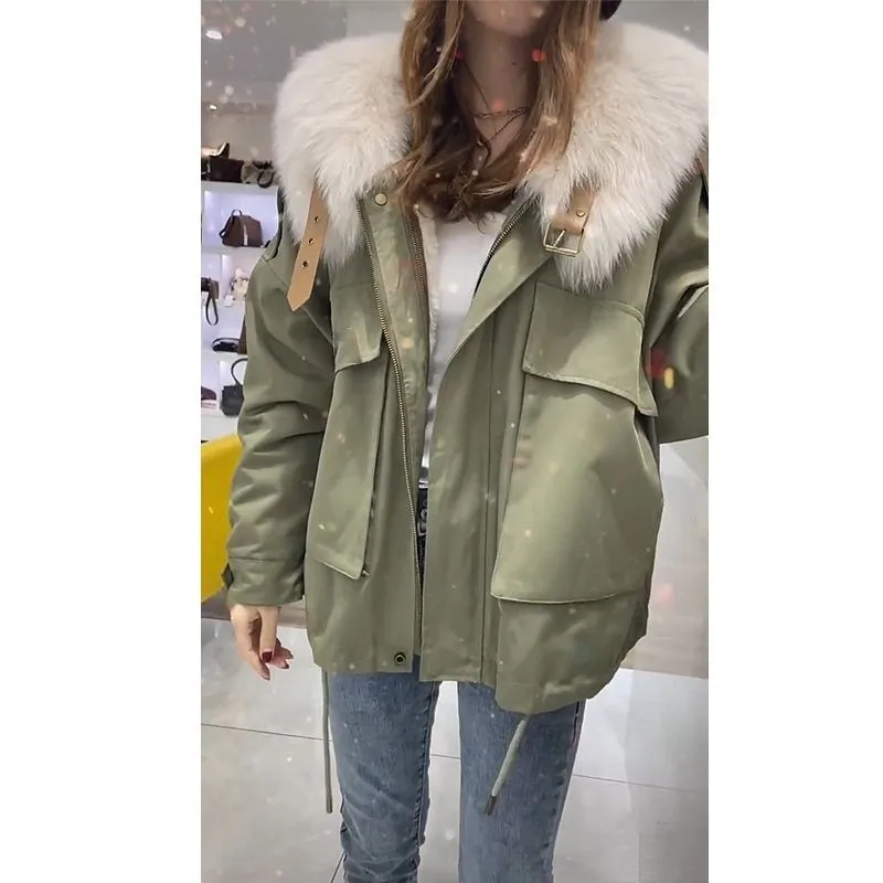 2023 Autumn Winter Arts Style Women Long Sleeve Thicken Imitation Ra It Hair Hooded Jacket All-matched Casual Short Parkas P311