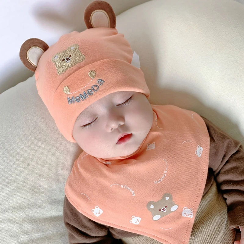 Bear Baby Beanie Hat Scarf Set Cotton Newborn Hats for Girls Boys Baby Cap Cartoon Infant Toddler Bonnet Hats 2pcs/Set