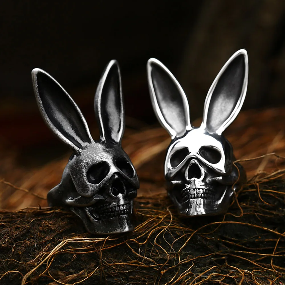 Gothic Vintage 316L Stainless Steel Black Rabbit Ring For Men Women Biker Hop Hip Skull Rings Fashion Funny Jewelry Dropshipping