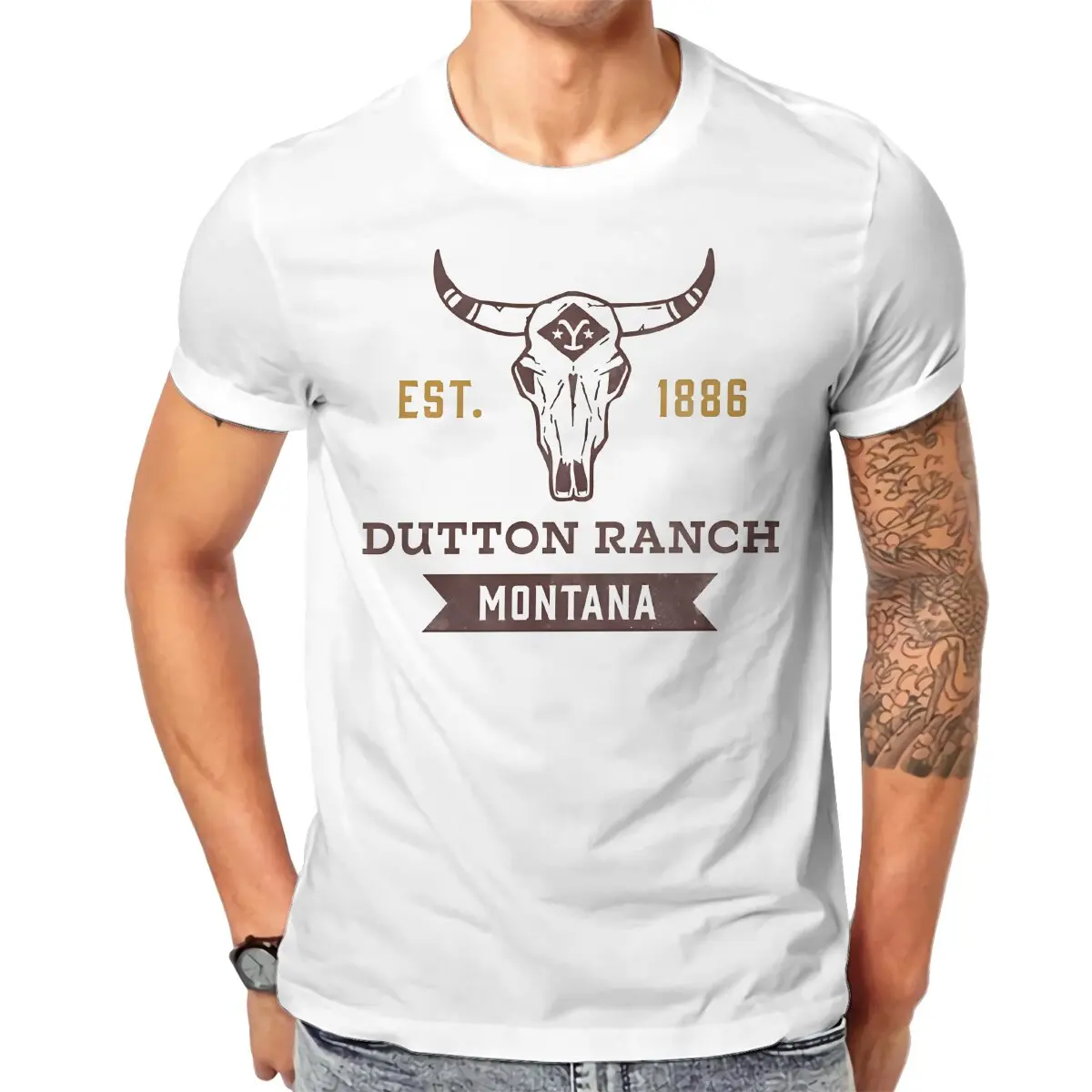 Yellowstones Dutton Ranch 100% Cotton TShirts Ranch Montana Cattle Skull Print Homme T Shirt Hipster Clothing 6XL