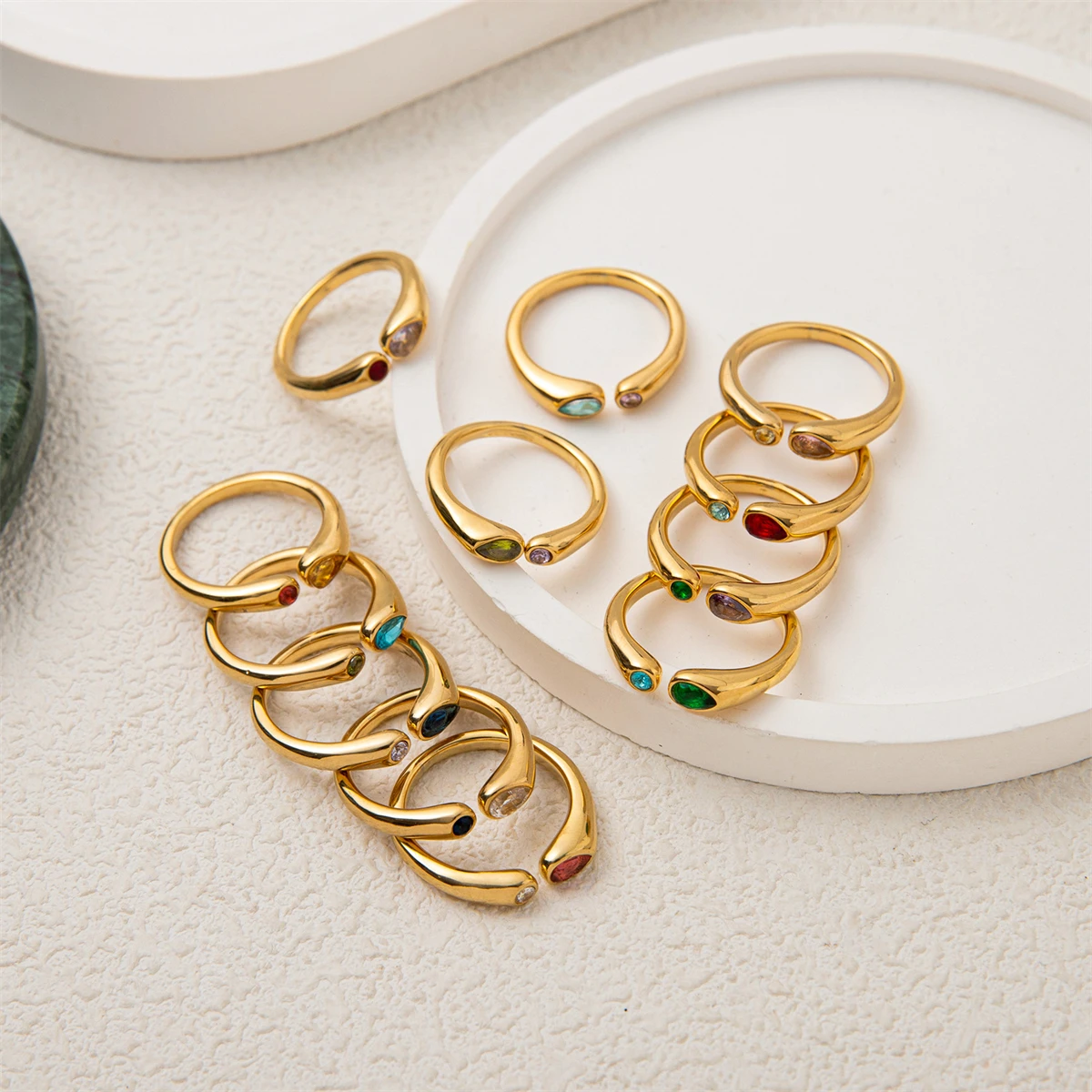 3-teiliges Set 18K Vergoldete Edelstahl Offene Ringe für Damen Bunter Kristall Zwei-Stein Stapelbare Fingerringe Schmuckgeschenk – Detail 7