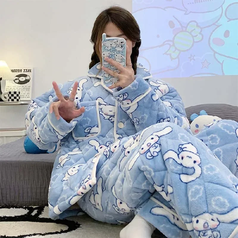 Miniso Sanrio Thick Pajama Hello Kitty Cinnamoroll Pochacco Cute Extra-Thick Coat Pants Suit Warm Winter Clothing Friend Gifts