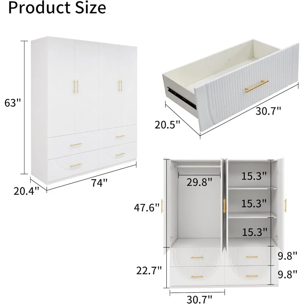 Wardrobe Closet 4 Doors Bedroom Armoires,White Storage Cabinet with Hanging Rod Shelves Wooden Clothes Closet(20.4