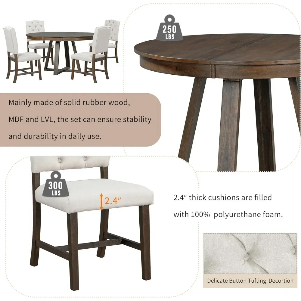 Wood Dining Furniture Set, 5 Piece Round Extendable Dinings Room Table Set with Upholstered Chairs, Dining Table and Chairs