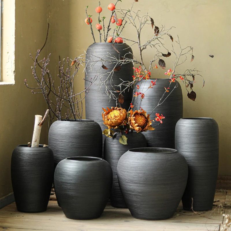 The product can be customized.Large black ceramic vase simple vintage floor china vase living room home flower arranger