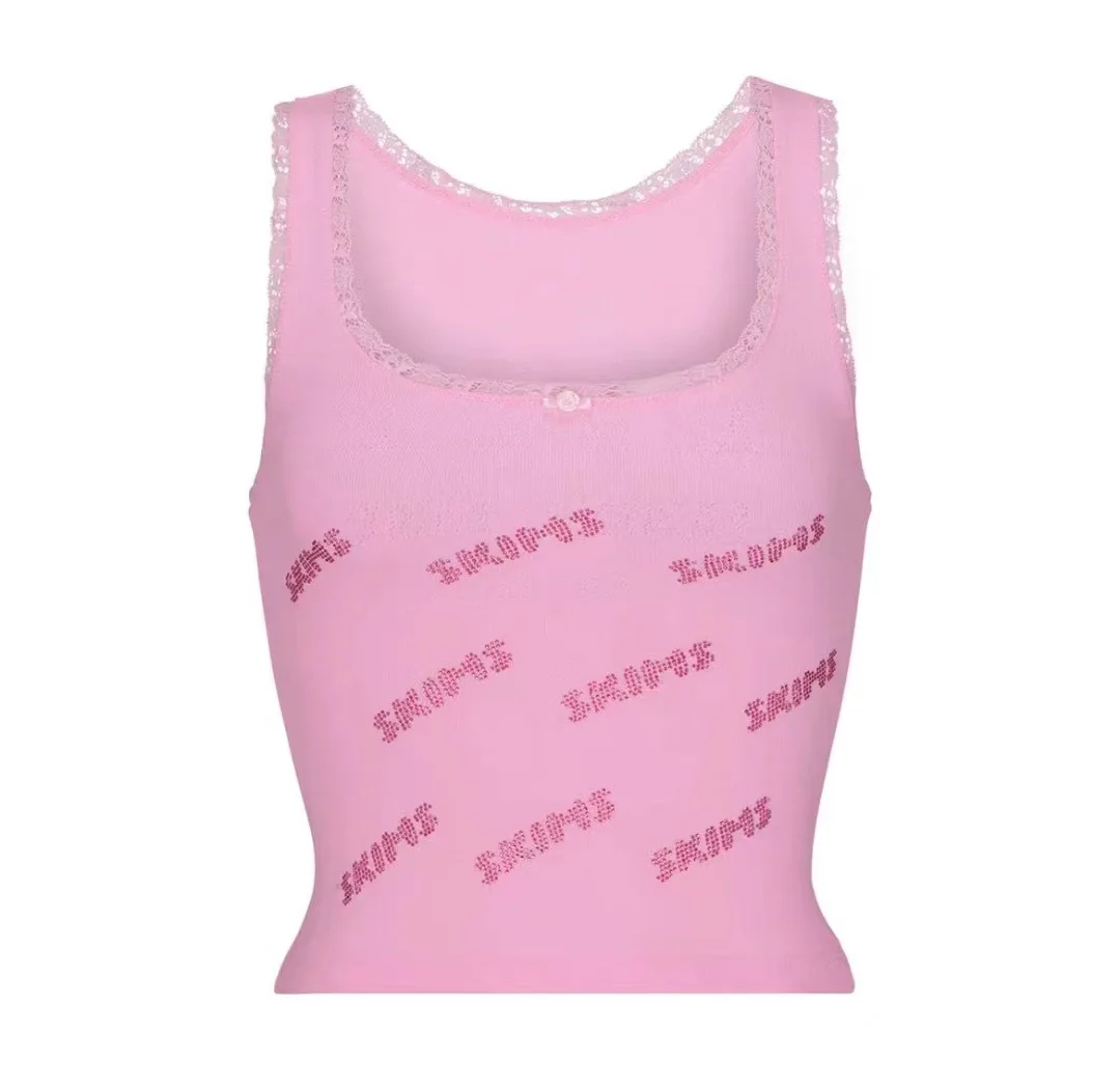 

Kardaian Pink Rhinestone Letter Logo Lace Elastic Slimming Strap Vest Top Women's Faion Summer Crop Top Polyester 00%