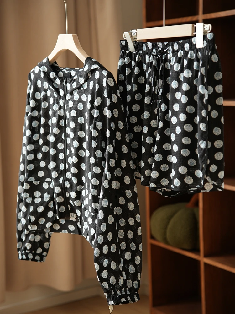 

Ladies Silk Hooded Set Casual Loose orts Lantern Sve Printed Pattern Long Sve Zipper Closure Summer Faion Set