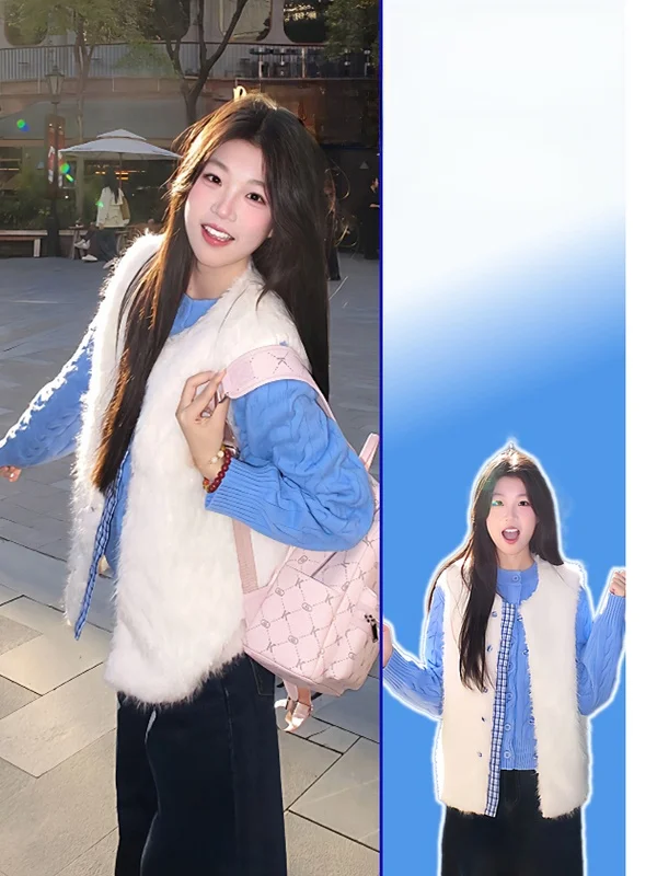 

Blue Lamb Fur Vest And Sweater Set Women's Large Size Faionable round Ne Layering Sle Warm And Slimming