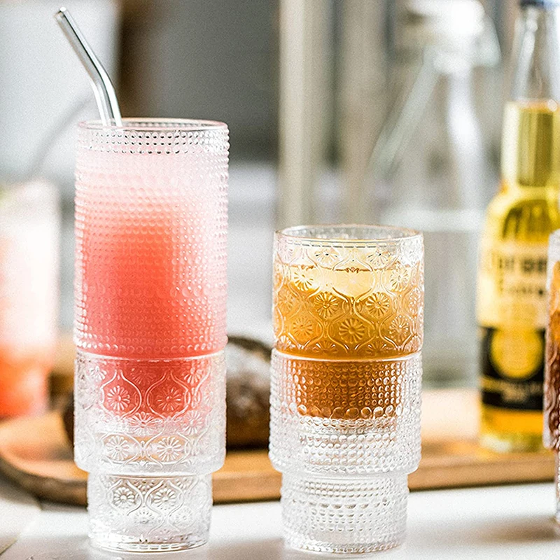 1/4 PCS Retro Embossed Glass Cup Stacking Glasses Transparent Iced Americano Bubble Water Cups Juice Whiskey Cocktail Beer Cup